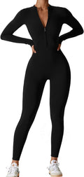 Womens Long Sleeve Workout Jumpsuit Zip Up Yoga Rompers - Tummy AEEZO