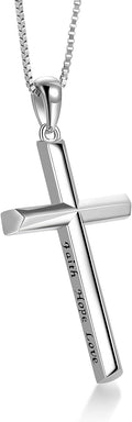 Cross Necklace Women Sterling Silver Engraved Faith Hope Love LUHE