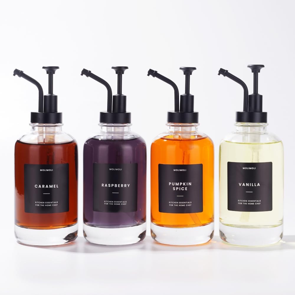 Molimoli Coffee Syrup Dispenser Set of 4 Glass Bottles with Pump