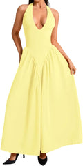 Deep V Neck Halter Maxi Dress - Flowy Corset Style