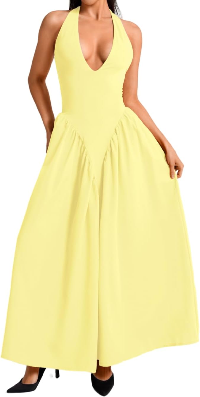 Deep V Neck Dress for Women - Halter Maxi Vacation Style