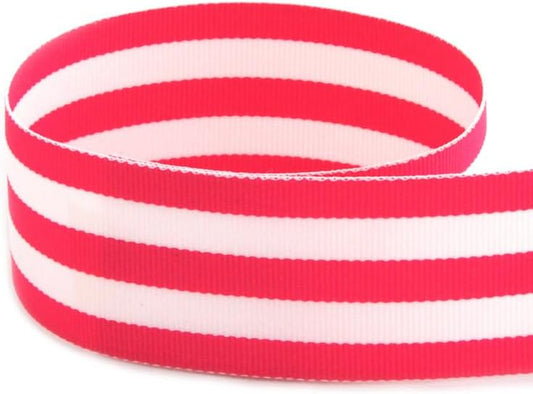 7/8 Hot Pink Geranium & White Taffy Striped Grosgrain Ribbon