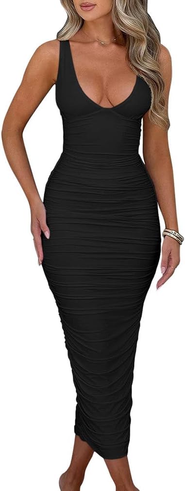BEAGIMEG Women's Sexy Ruched Sleeveless Deep V Maxi Dress