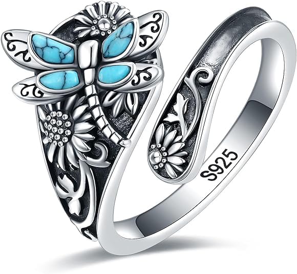 S925 Sterling Silver Abalone Dragonfly Turquoise Spoon Ring
