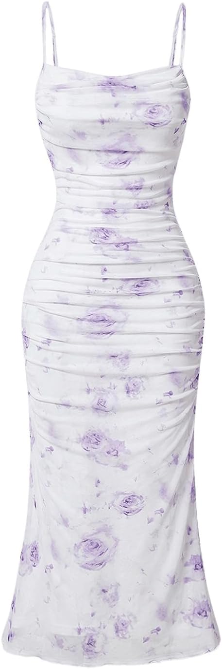 GORGLITTER Women's Floral Ruched Bodycon Midi Dress for All Occasions
