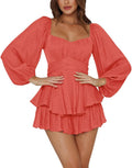 LYANER Women's Lantern Sleeve Ruffle Tie Mini Jumpsuit - Flattering as