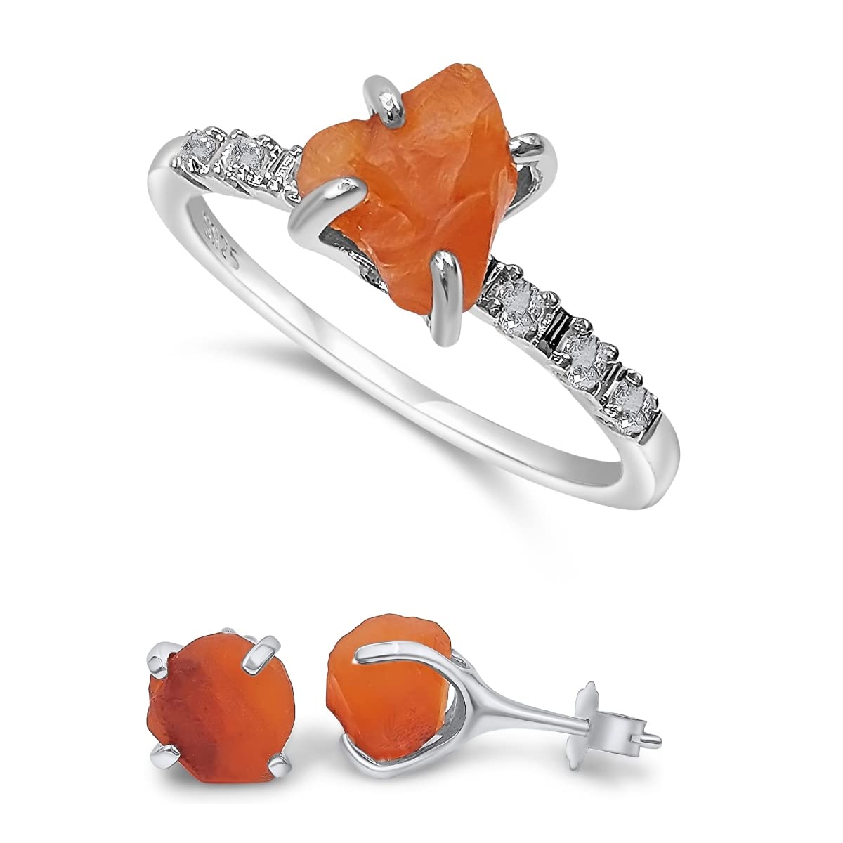 Raw Carnelian Stud Earrings and Dainty Ring Jewelry Set Gift