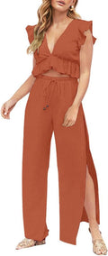 FANCYINN Womens 2 Pieces Deep V Neck Crop Top and Wide Leg