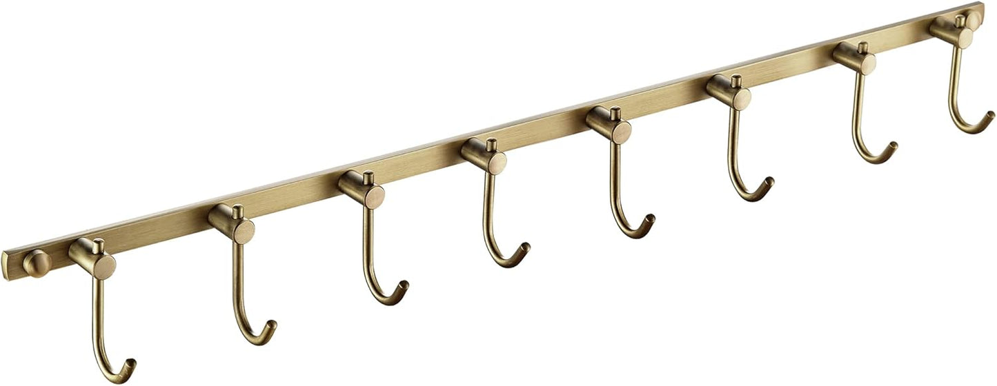 Antique Brass Hooks for Coats and Towels - 8 Hook Rack