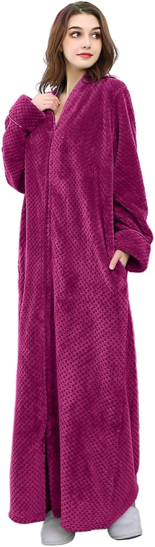 Artfasion Womens Fleece Robe Plush Long Zip Front Bathrobe