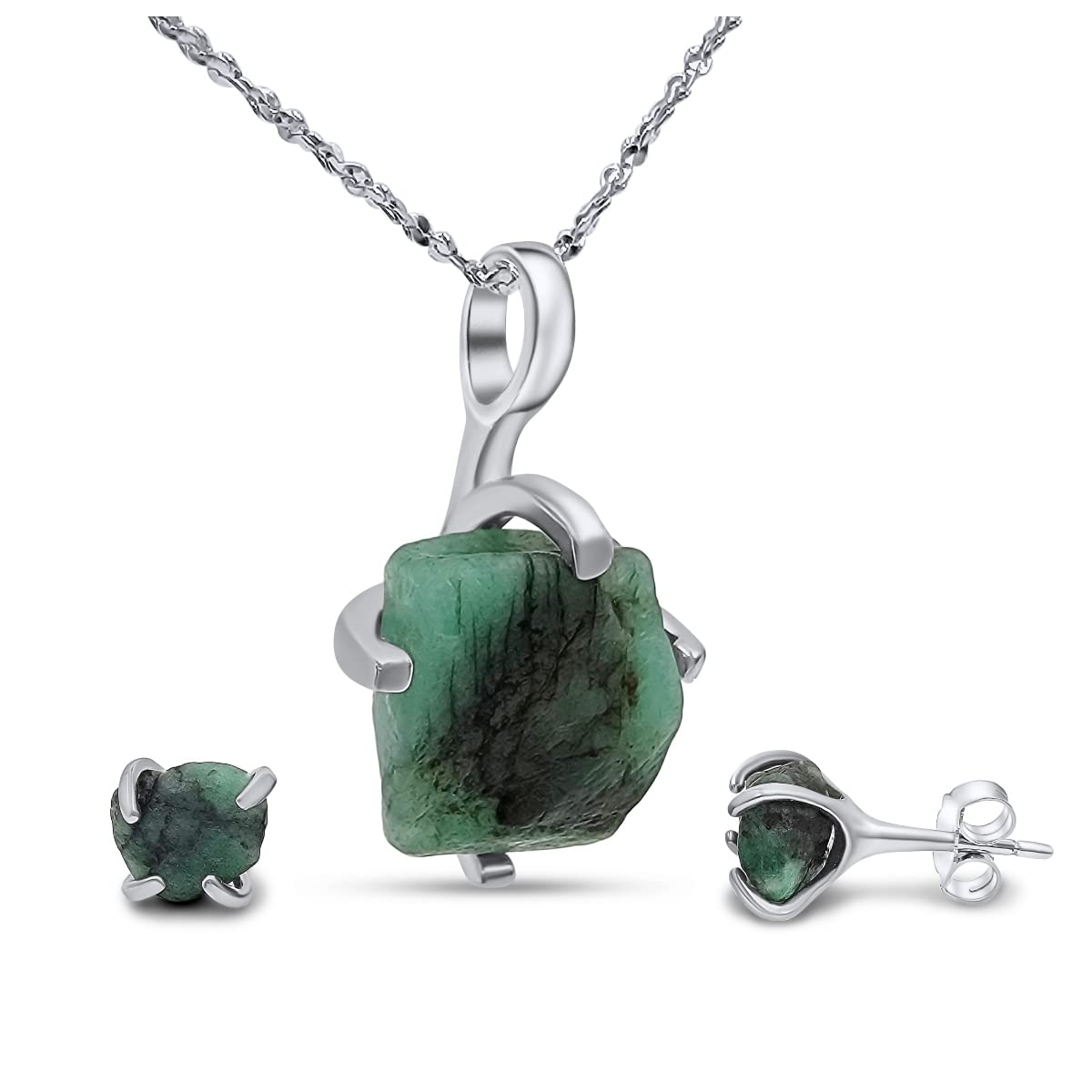 Real Raw Emerald Jewelry Set with 925 Sterling Silver Gift