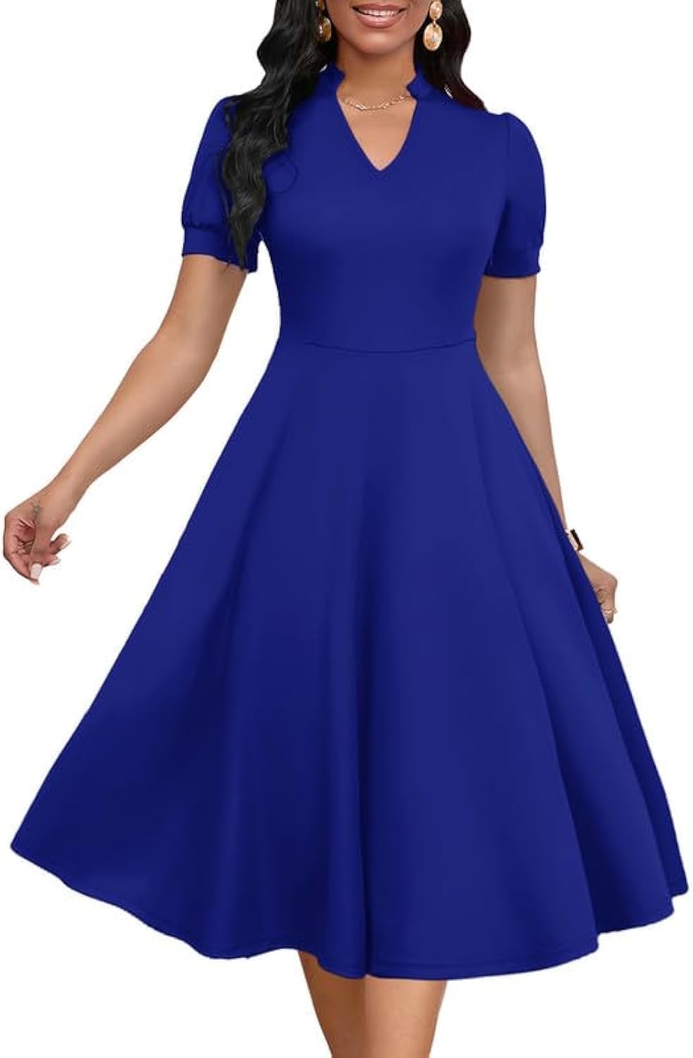 Womens Short Puff Sleeve V Neck Casual Cocktail Party Dress