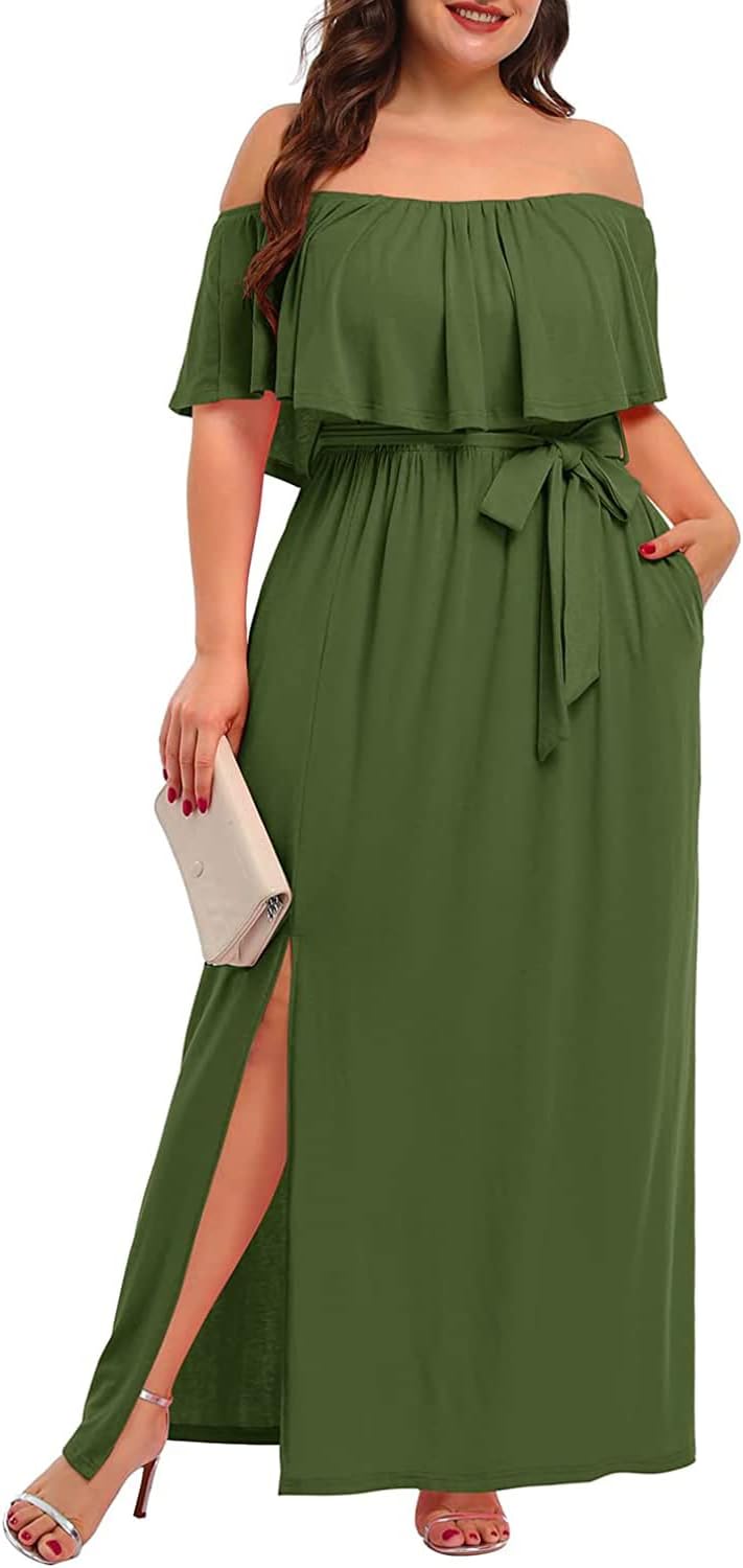 Plus Size Off The Shoulder Maxi Dress with Pockets for Women