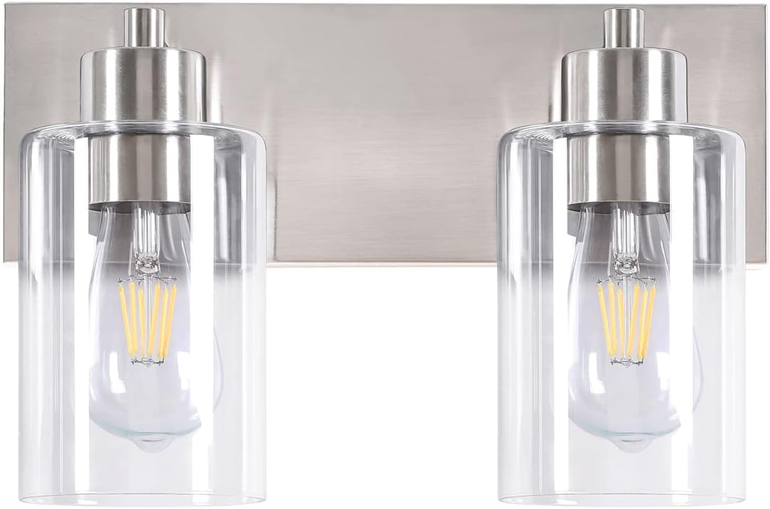 Modern 2-Light Brushed Nickel Bathroom Vanity Light Fixture