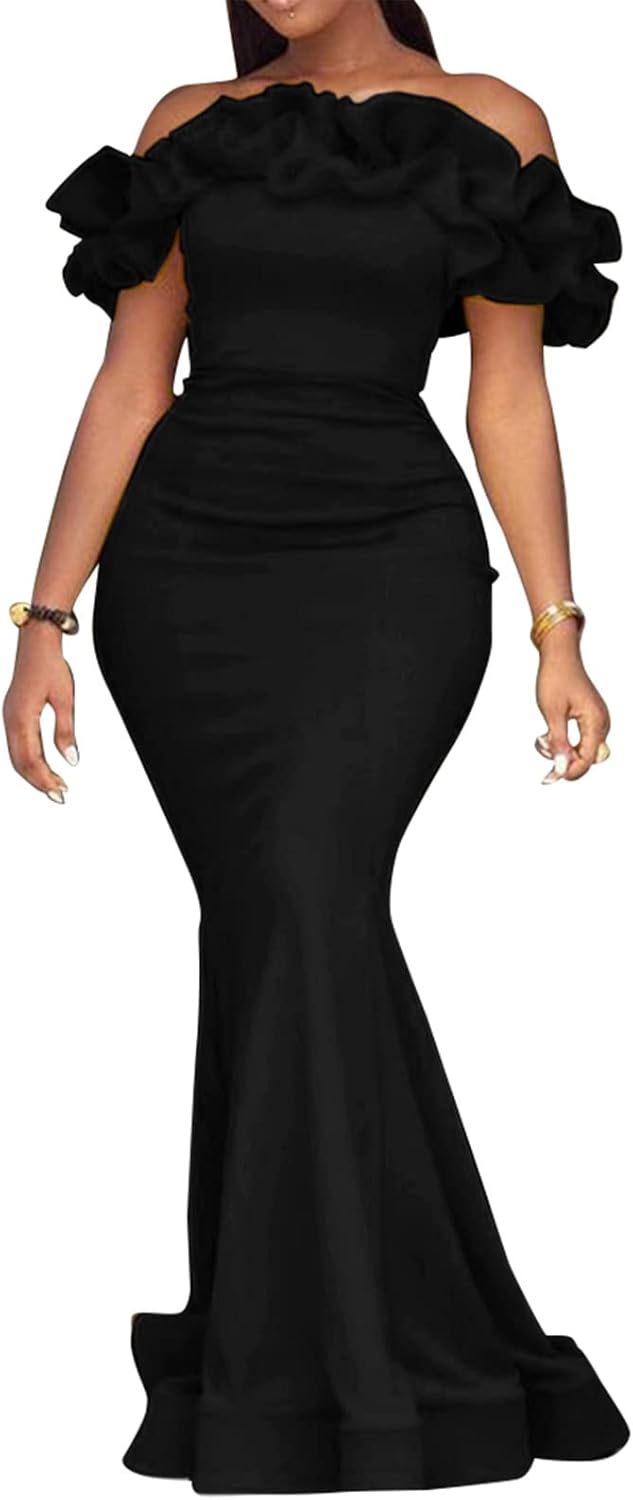 Cololura Sexy Floor-Length Off Shoulder Ruffles Maxi Dress