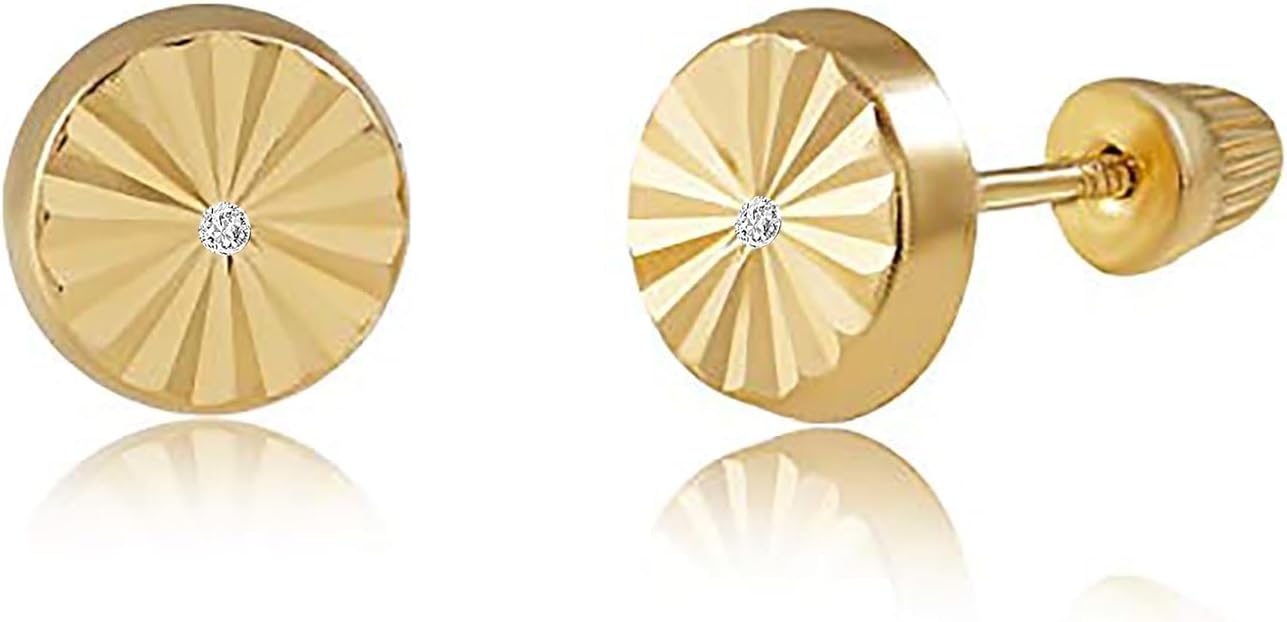 14K Real Yellow Gold Diamond Cut Stud Earrings for Women & Mom