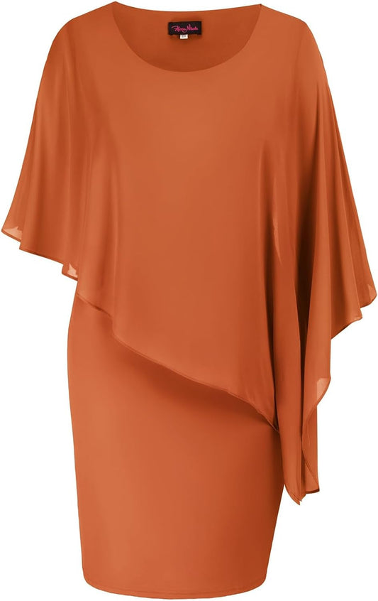 Elegant Women's Sleeveless Cape Dress with Chiffon Overlay