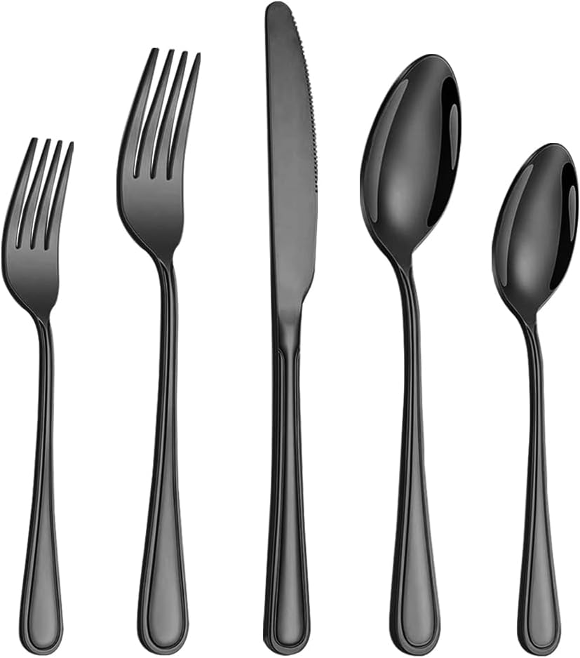 40 Pcs Black Silverware Set for 8 with Simple Striped Design