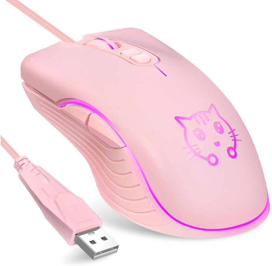 Pink Cat Gaming Mouse, 2400 DPI, Ergonomic Silent Design