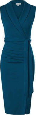 Women Sleeveless Ruched Bodycon Office Midi Dress - Flattering