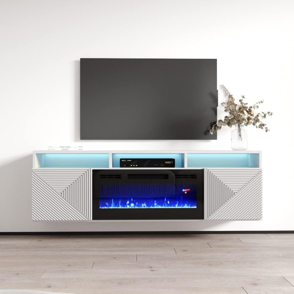 Modern Fireplace TV Stand - High Gloss White - Fits TVs up to 70