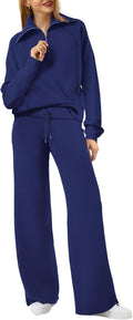 Women's Half Zip Lounge Set - Wide Leg Sweatpant Two Piece