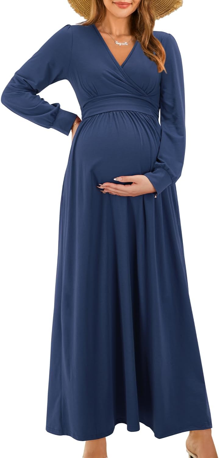 OUGES Fall Maternity Maxi Dress for Baby Shower and Photoshoot