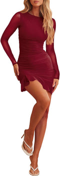 Sexy Ruched Bodycon Mini Dress Mesh Long Sleeve - Figure Flattering