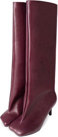Women's Knee High Suede Boots Wide Calf Square Toe Stiletto Heels pu