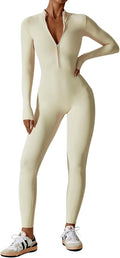 Women Long Sleeve Bodycon Jumpsuit - Zip Up Workout Unitard