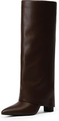 Knee High Boots for Women Fold Over Chunky Heel - Sleek Pointed Toe