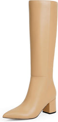 Knee High Boots for Women Nude Chunky Heel Pointed Toe - Side Zip