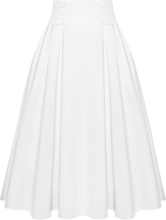 Belle Poque Women's Vintage High Waist Pleated Midi Skirt