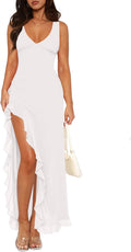 Women's V Neck Mesh Ruffle High Slit Bodycon Maxi Dress - Elegant Fit