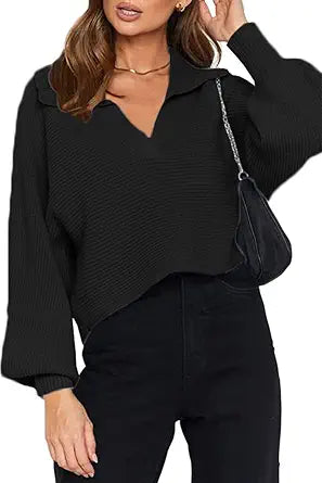 CHYRII Women Overized Puff Long Sleeve V Neck Knitted Polo Sweater