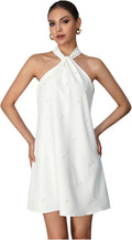 Pearl Beaded Halter Twist Tie Back Dress - Elegant Short A Line