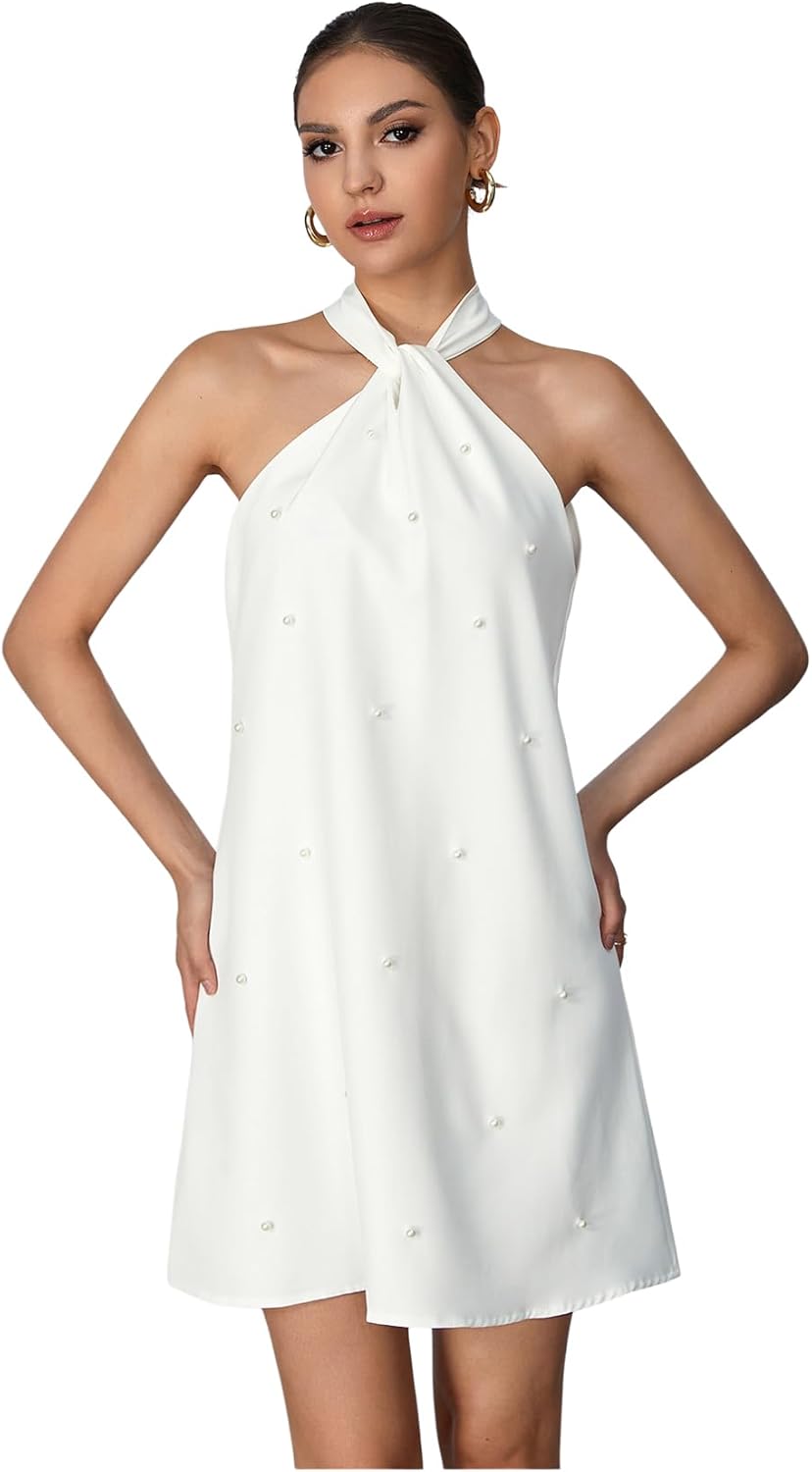 Floerns Women's Pearl Beaded Halter Twist Dress for Any Occasion