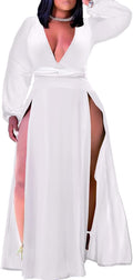 Ekaliy Plus Size Sleeveless Deep V Neck Front Split Maxi Dress - Wine