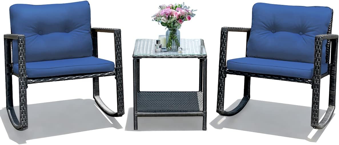 Tangkula 3 Pieces Patio Wicker Rocking Bistro Set for Outdoors