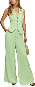 Womens Vest Sets Summer 2 Piece Outfit - Crop Blazer & Wide Leg Pant