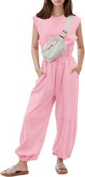 Womens Casual Jumpsuit Crewneck Cap Sleeve One Piece - White