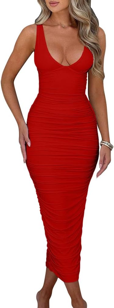 BEAGIMEG Women's Sexy Ruched Sleeveless Deep V Maxi Dress