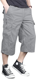 Men's Cotton 3/4 Cargo Shorts Below Knee - Long Elastic Waist