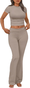 Women 2 Piece Lounge Set - Cropped Top & Fold Over Flare Pants