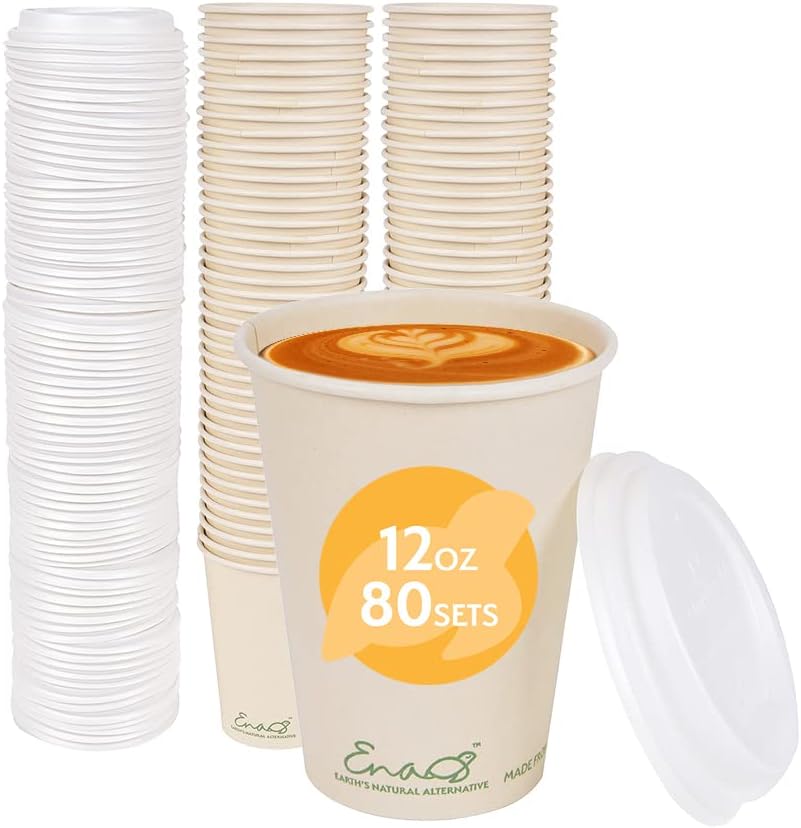 100% Compostable Disposable Coffee Cups with Lids for Eco-Friendly Use