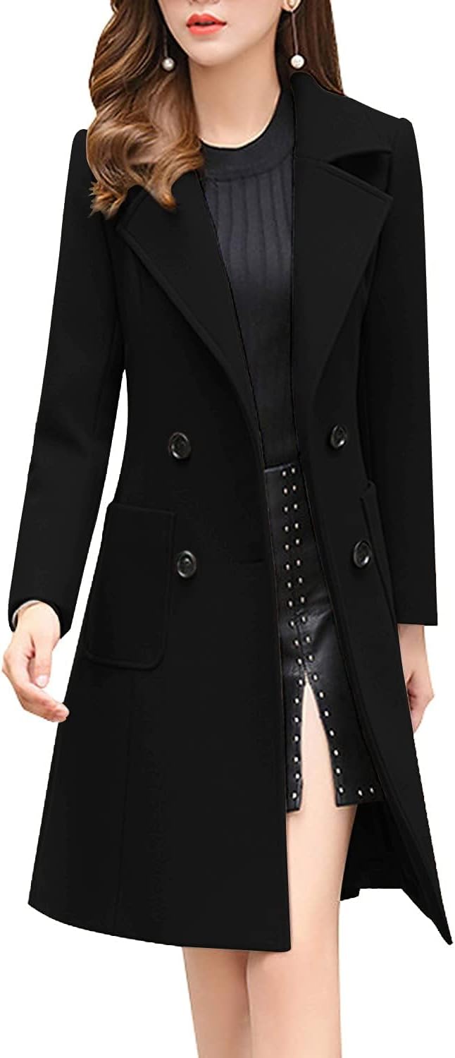 Elegant Notched Collar Double Breasted Wool Blend Over Coat