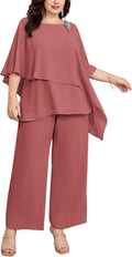 Plus Size Mother of Bride Pant Suits Chiffon 2 Piece - Elegant Ruffle