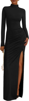 BTFBM Formal Dresses for Women 2025 Fall Long Sleeve Mock Neck Ruched
