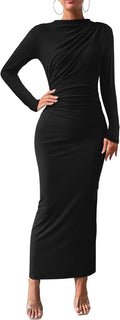 Women Bodycon Maxi Dress Long Sleeve Back Slit Ruched - Elegant Fit