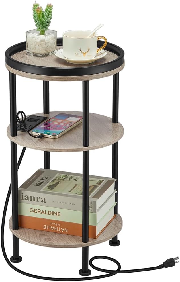 Small Round Side Table with Charging Station for Small Spaces